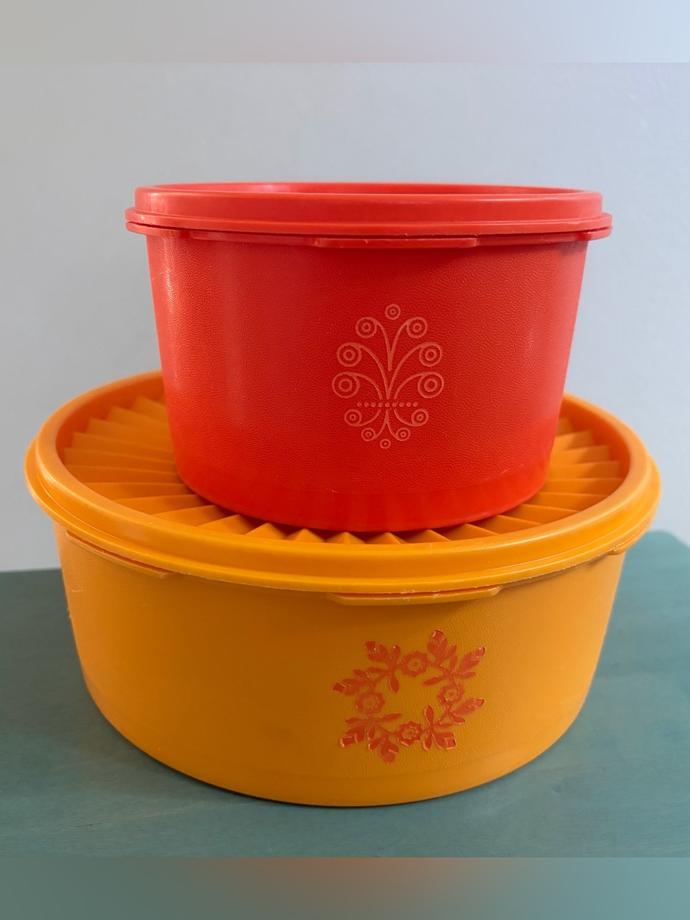 Set of Vintage Tupperware Orange and Sunflower yellow Round Stackable Containers
